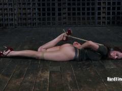 Luscious redhead can't help herself while tortured in rough sex